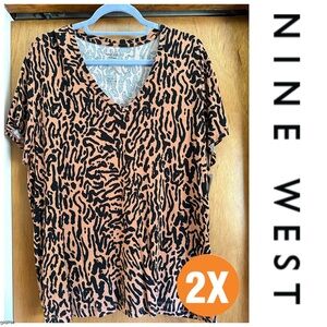Nine West Women's Short Sleeve Animal Print Top - Black and Brown